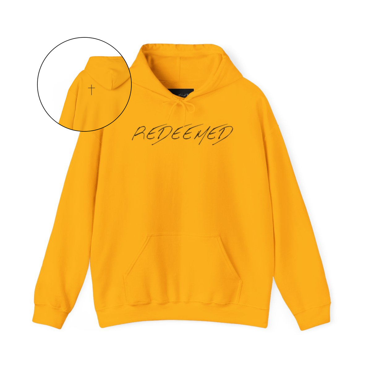 A gold hoodie with the words redeemed on the front center, a Jesus cross is on the back left shoulder of the hoodie.