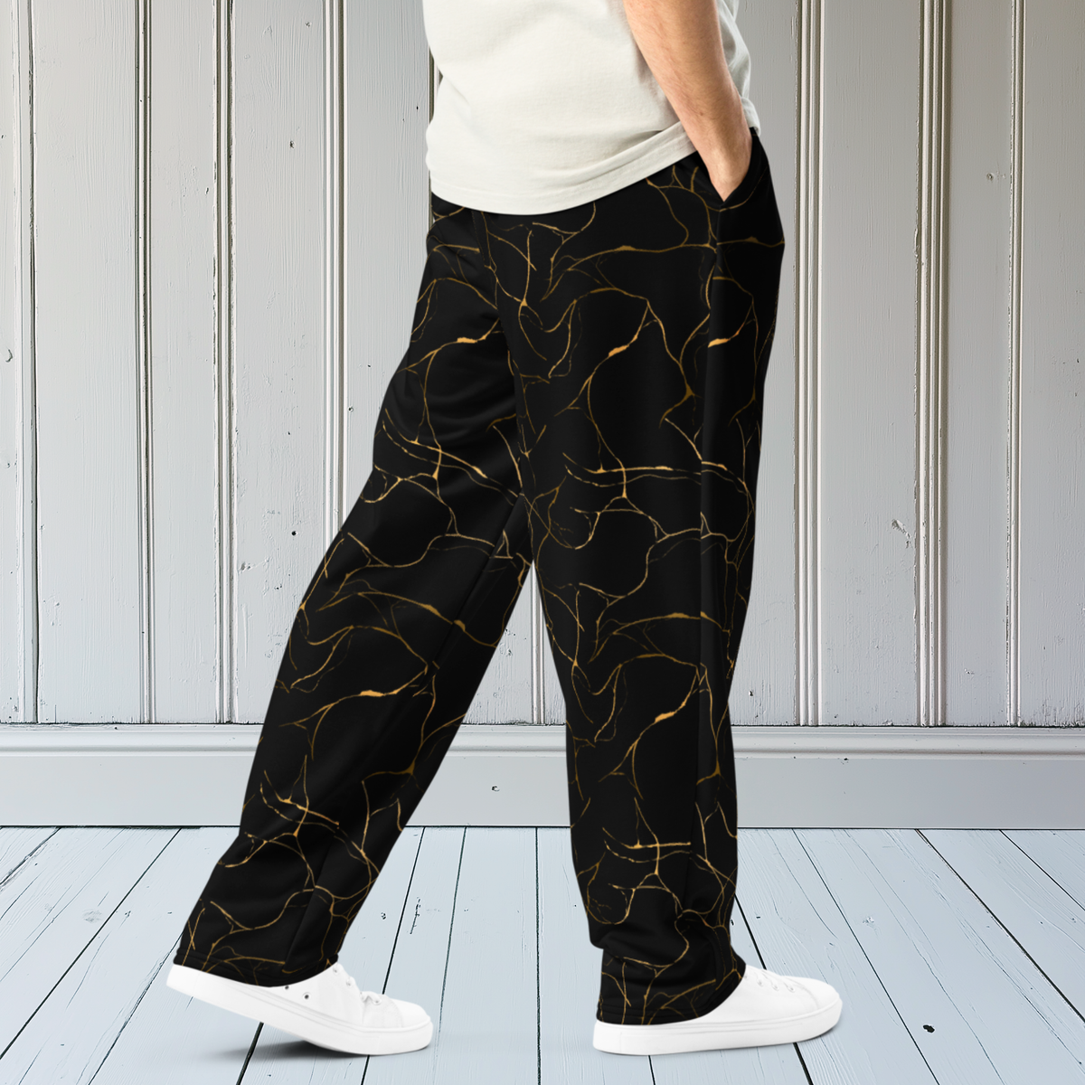 Black with Gold Marble Wide-Leg Joggers