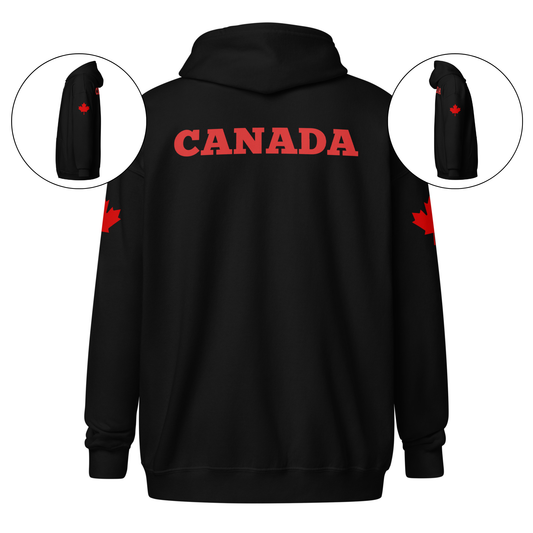 On the back of this custom zip up hoodie is Canada in large red block letters, on either sleeve of the sweater there is a red maple leaf.