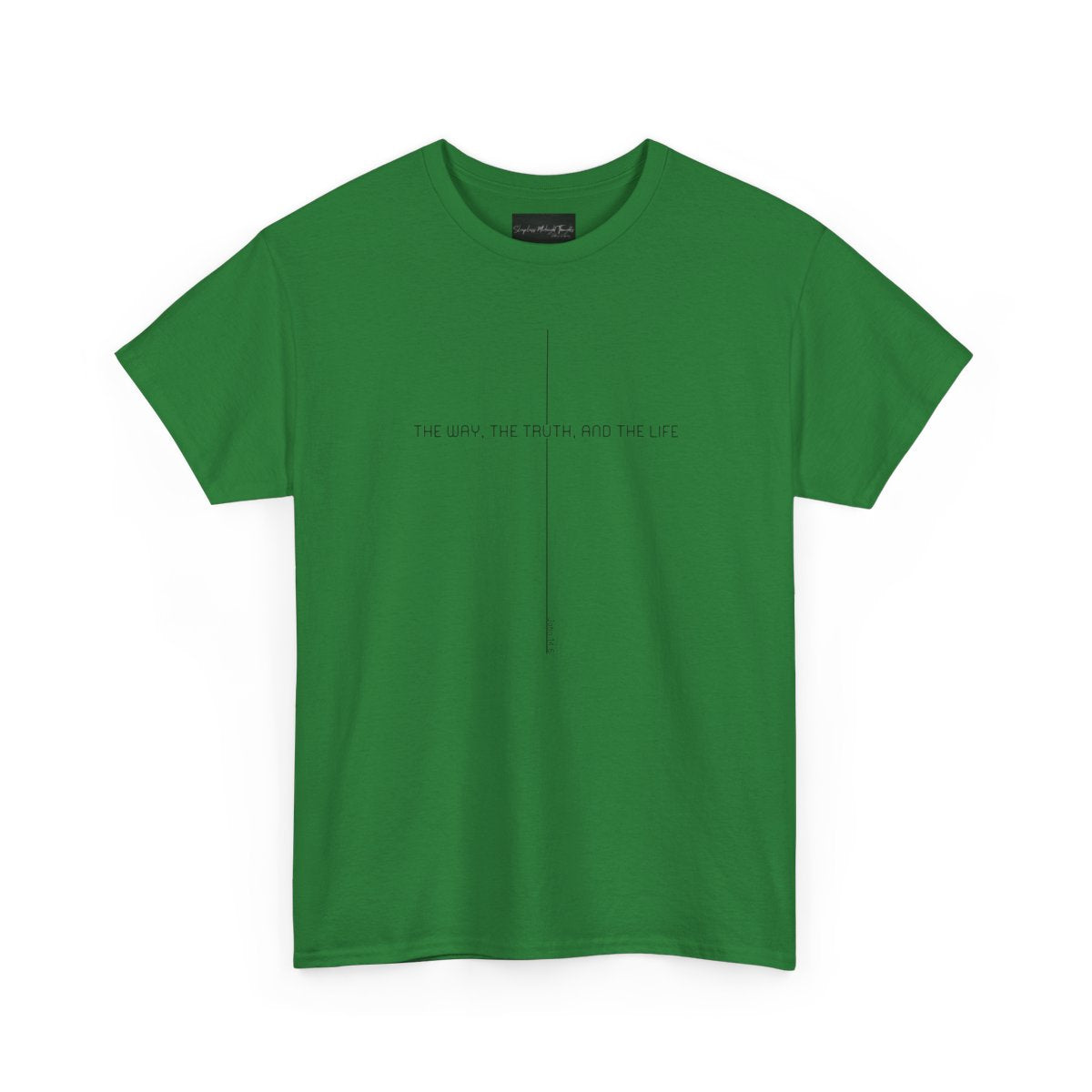 On the front of this custom faith inspired handmade t-shirt is a cross with the bible verse The Way, The Truth, and The Life John 14:6 in a modern font.
