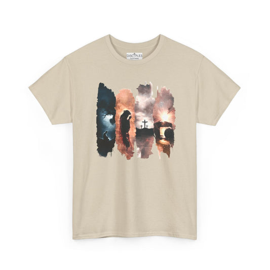 On the front of this custom Christian t-shirt are 4 images blended into one, on the right is a image of Jesus kneeling and praying, then an image of Jesus with the crown of thorns on, then an image of Jesus on the cross, then the last image is of the door rolled away from the tomb and Jesus rising from the dead.