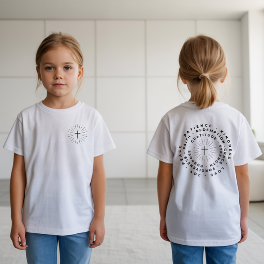 On the front of this custom Christian t-shirt is a firework with a cross in the center of it, on the back of the shirt is the same image with all the words that represent the word Faith, such words like patience, kindness, love, joy, peace, redemption, grace, forgiveness, gratitude, strengthen, purpose.