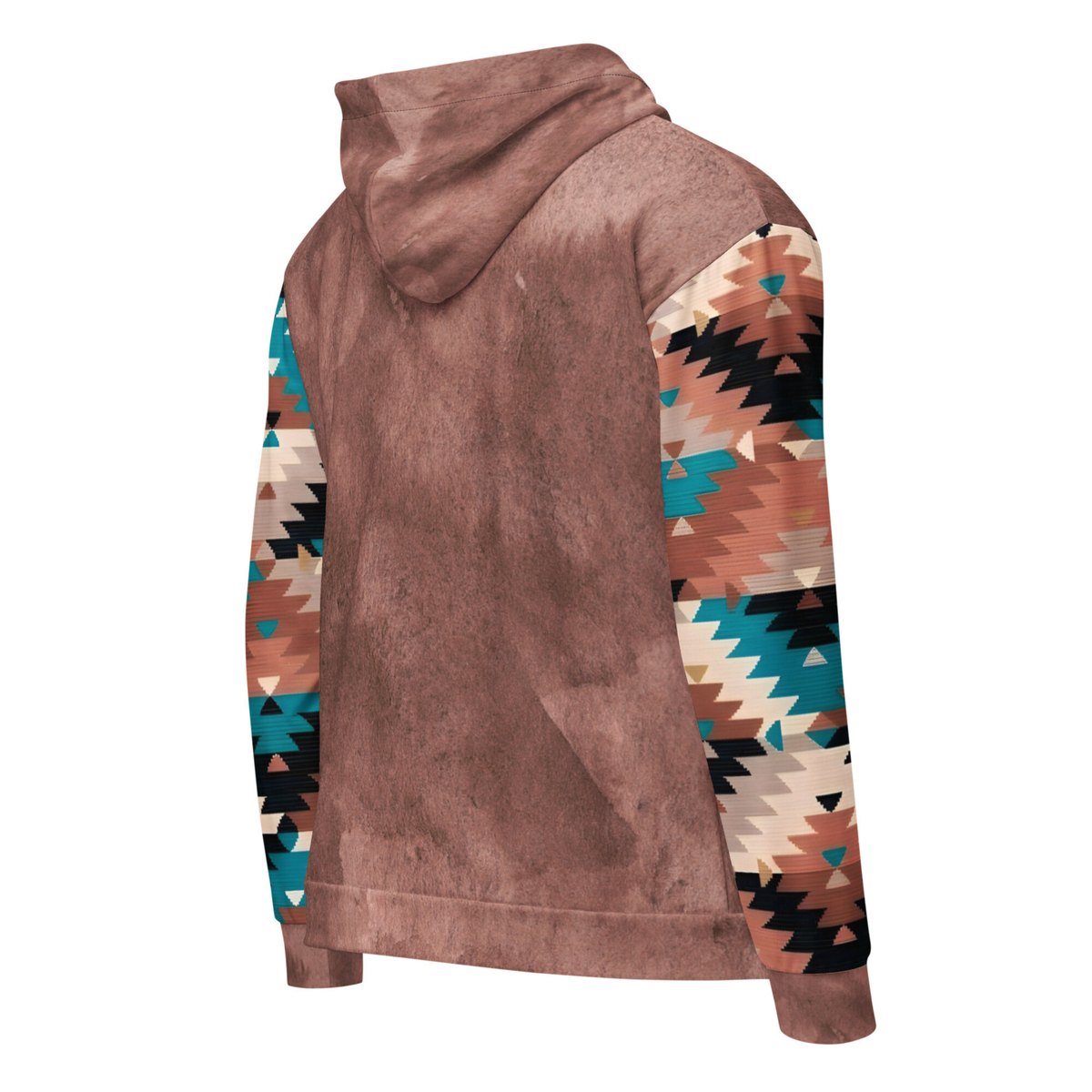 This custom unisex zip up hoodie has a western design to it with the front and the back of the hoodie being washed brown, each sleeve, the front pockets along with the inside of the hood have a brown, cream and turquoise Aztec pattern.