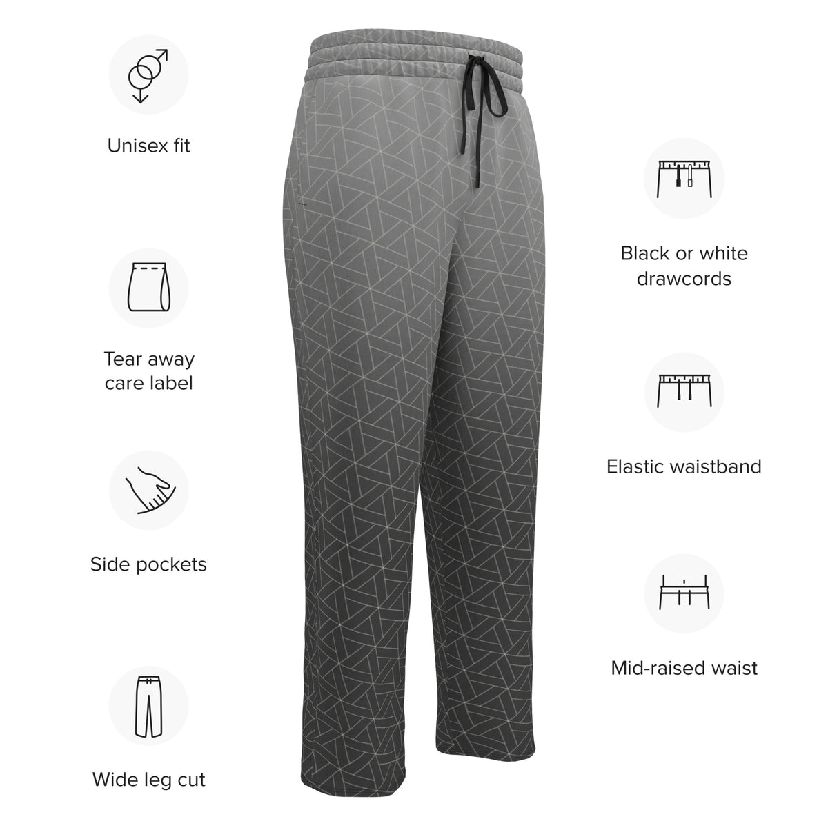 A pair of wide leg sweatpants that are grey ombre in color with a white diamond pattern overlayed on the top.