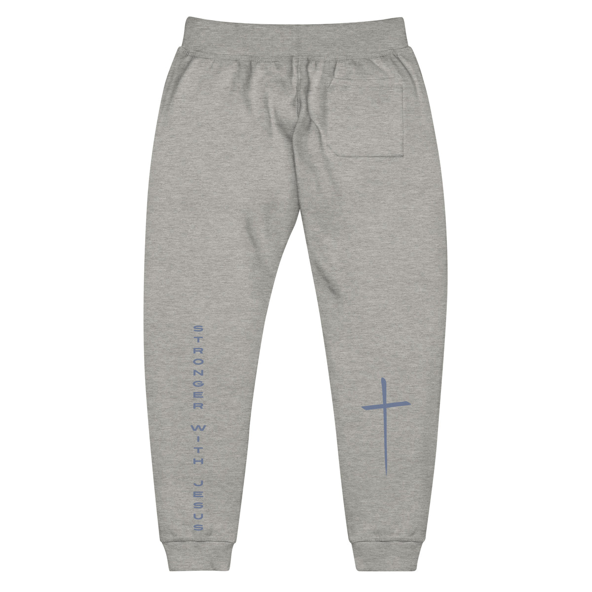 A pair of fleece lined sweatpants that have the words Stronger With Jesus on the back left leg of the pants, on the right leg is a large Jesus cross