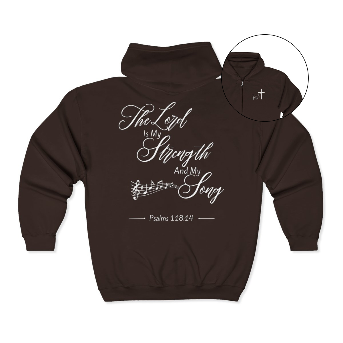 On the front of this Christian zip up hoodie is an image of a Jesus cross with music notes coming from the top of the cross, on the back of the hoodie are the words 'The Lord is my strength and my song Psalms 118:14 with music notes on either side of the image.