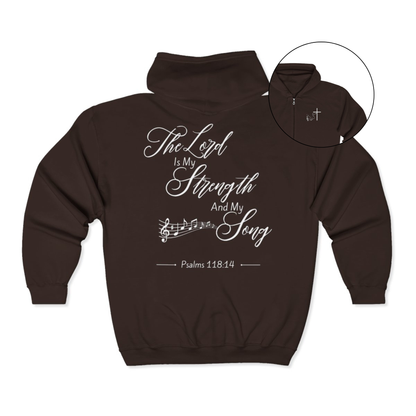 On the front of this Christian zip up hoodie is an image of a Jesus cross with music notes coming from the top of the cross, on the back of the hoodie are the words 'The Lord is my strength and my song Psalms 118:14 with music notes on either side of the image.