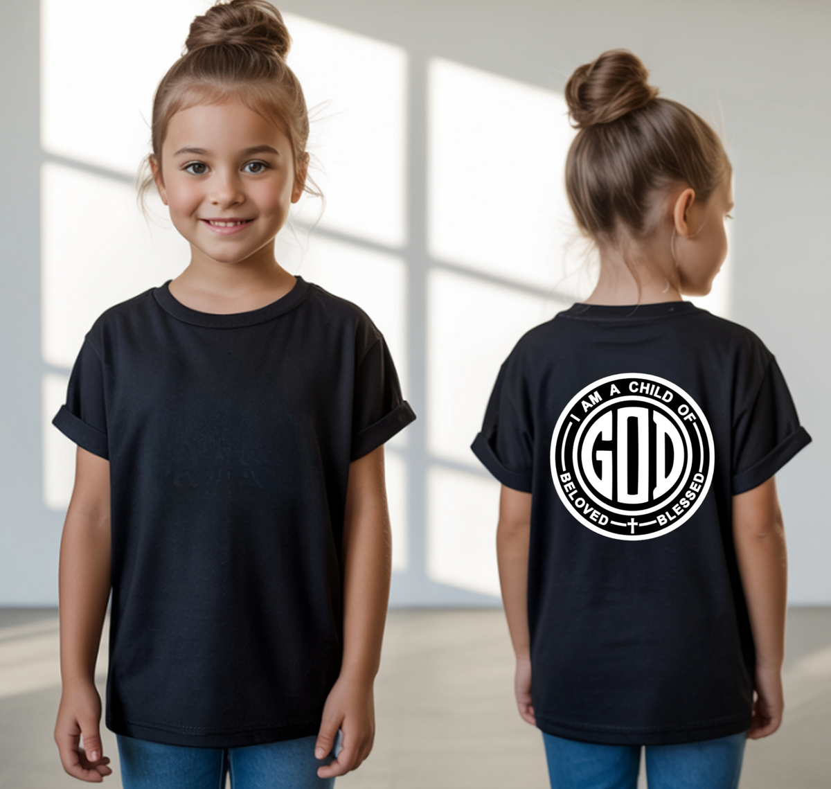A youth t-shirt with the words 'I am a Child of God Beloved and Blessed' on the back of the shirt.