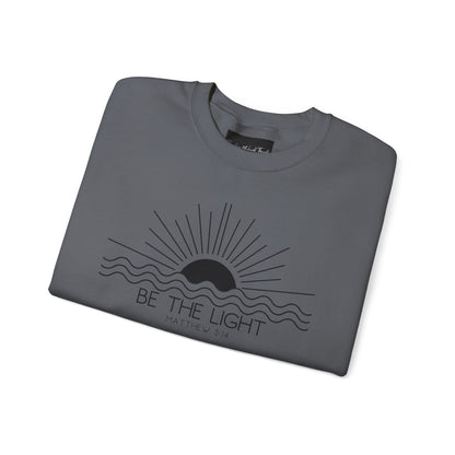 Crewneck Sweatshirt — Minimal "Be The Light" Sunrise Graphic