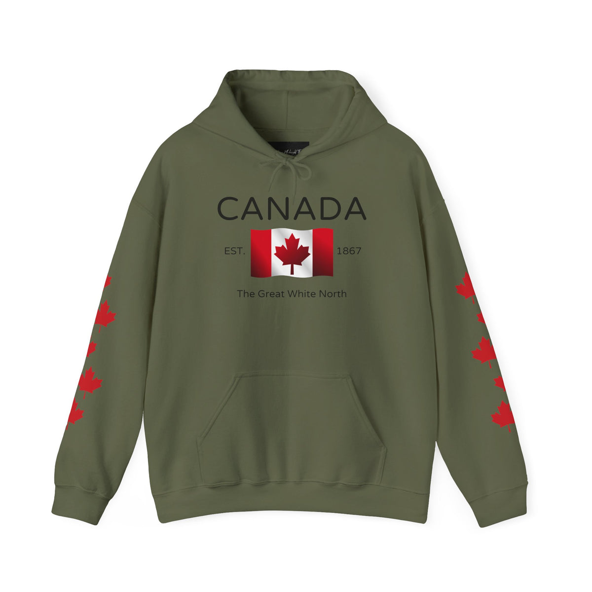 A custom hoodie with Canada in large letters on the front, there is a maple flag that looks like it is blowing in the wind with the words the great white north underneath, there are maple leaves along each sleeve of the hoodie.