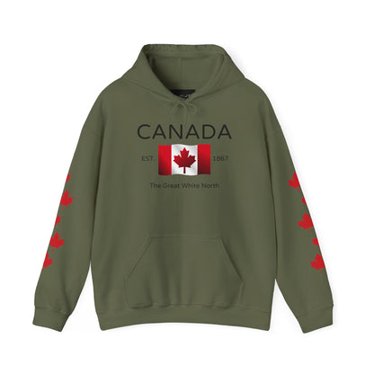 A custom hoodie with Canada in large letters on the front, there is a maple flag that looks like it is blowing in the wind with the words the great white north underneath, there are maple leaves along each sleeve of the hoodie.