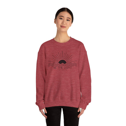 Crewneck Sweatshirt — Minimal "Be The Light" Sunrise Graphic