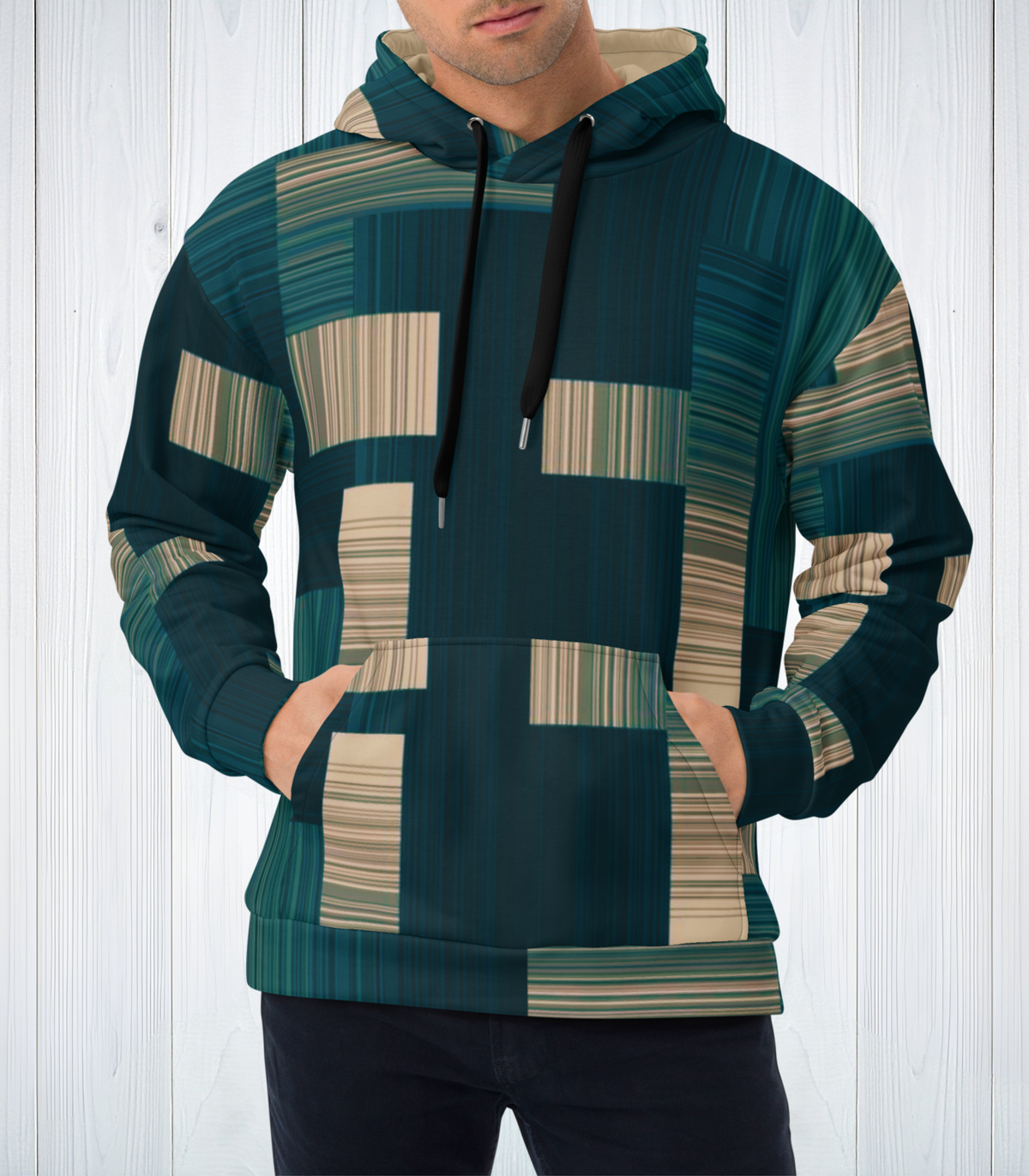 Teal And Beige Block Hoodie