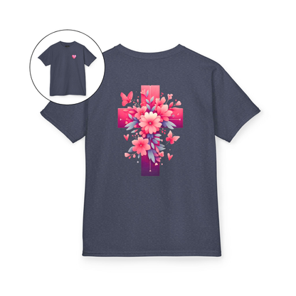 Pink Heart Flower Cross Kids T-Shirt