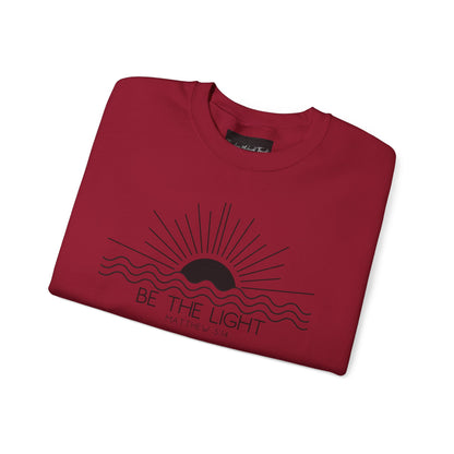 Crewneck Sweatshirt — Minimal "Be The Light" Sunrise Graphic