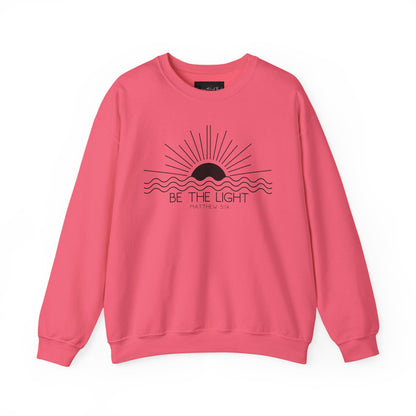 Crewneck Sweatshirt — Minimal "Be The Light" Sunrise Graphic