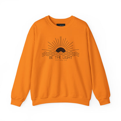 Crewneck Sweatshirt — Minimal "Be The Light" Sunrise Graphic
