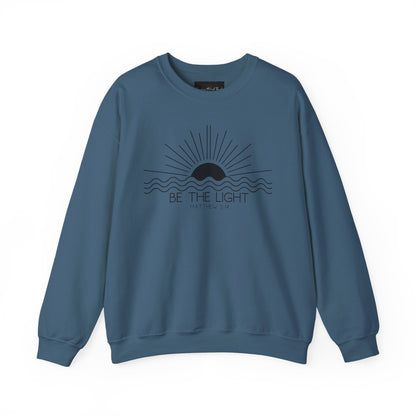 Crewneck Sweatshirt — Minimal "Be The Light" Sunrise Graphic