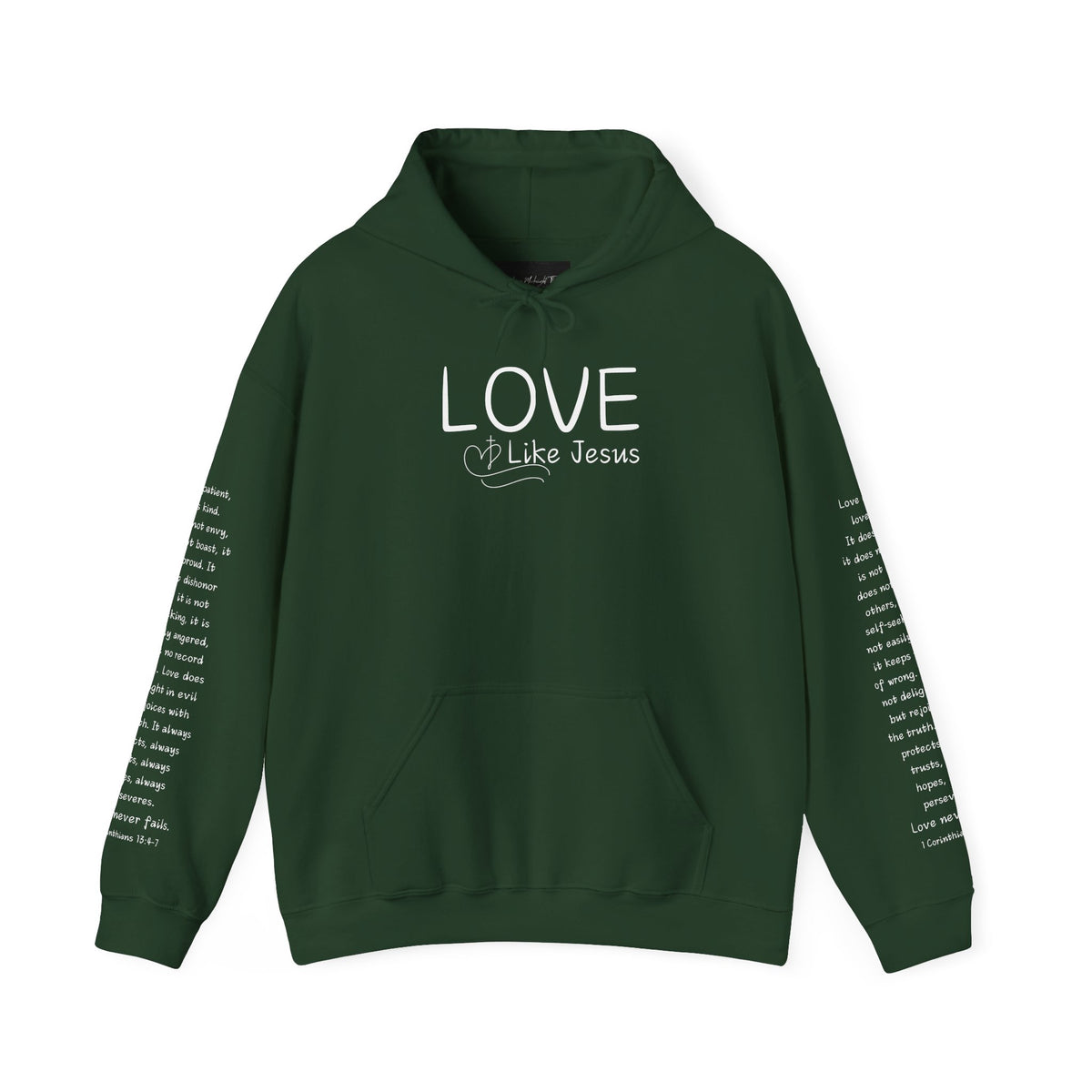 Love Like Jesus Hoodie — Christian Faith Pullover with Scripture Sleeve Text