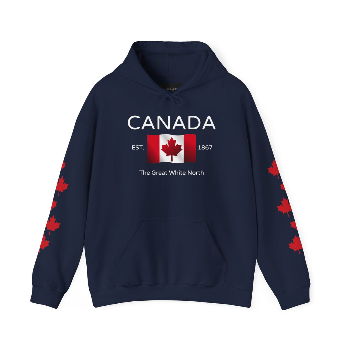 A custom hoodie with Canada in large letters on the front, there is a maple flag that looks like it is blowing in the wind with the words the great white north underneath, there are maple leaves along each sleeve of the hoodie.