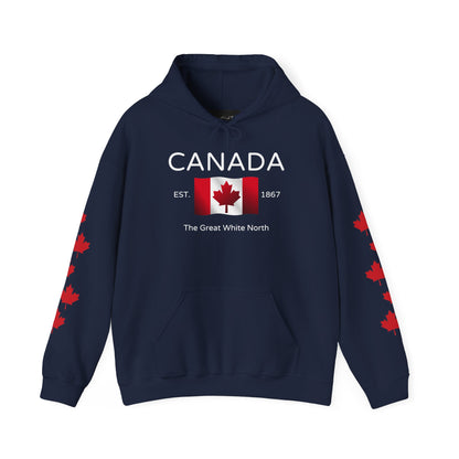 A custom hoodie with Canada in large letters on the front, there is a maple flag that looks like it is blowing in the wind with the words the great white north underneath, there are maple leaves along each sleeve of the hoodie.