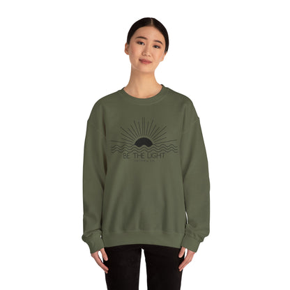 Crewneck Sweatshirt — Minimal "Be The Light" Sunrise Graphic