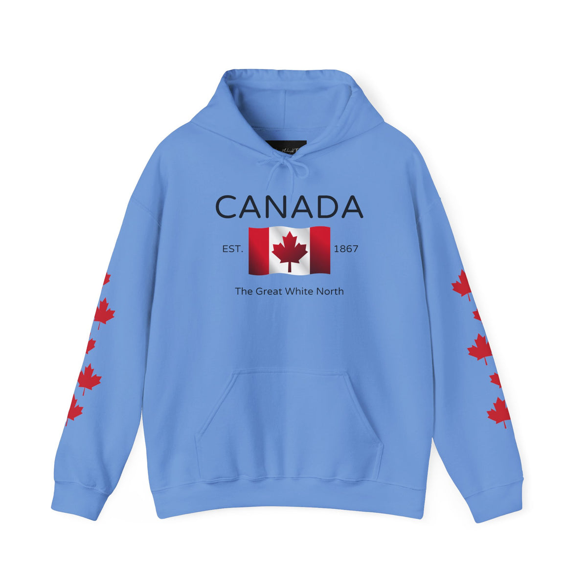 A custom hoodie with Canada in large letters on the front, there is a maple flag that looks like it is blowing in the wind with the words the great white north underneath, there are maple leaves along each sleeve of the hoodie.