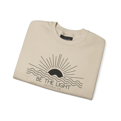 Crewneck Sweatshirt — Minimal "Be The Light" Sunrise Graphic