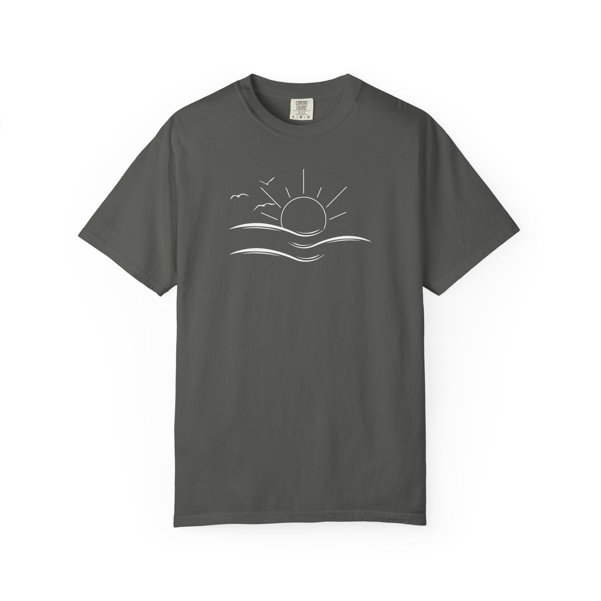 an oversized grey t-shirt the image on the front is a simple line drawing of waves and a sun with birds flying around the sun.