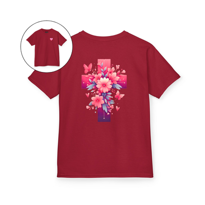 Pink Heart Flower Cross Kids T-Shirt