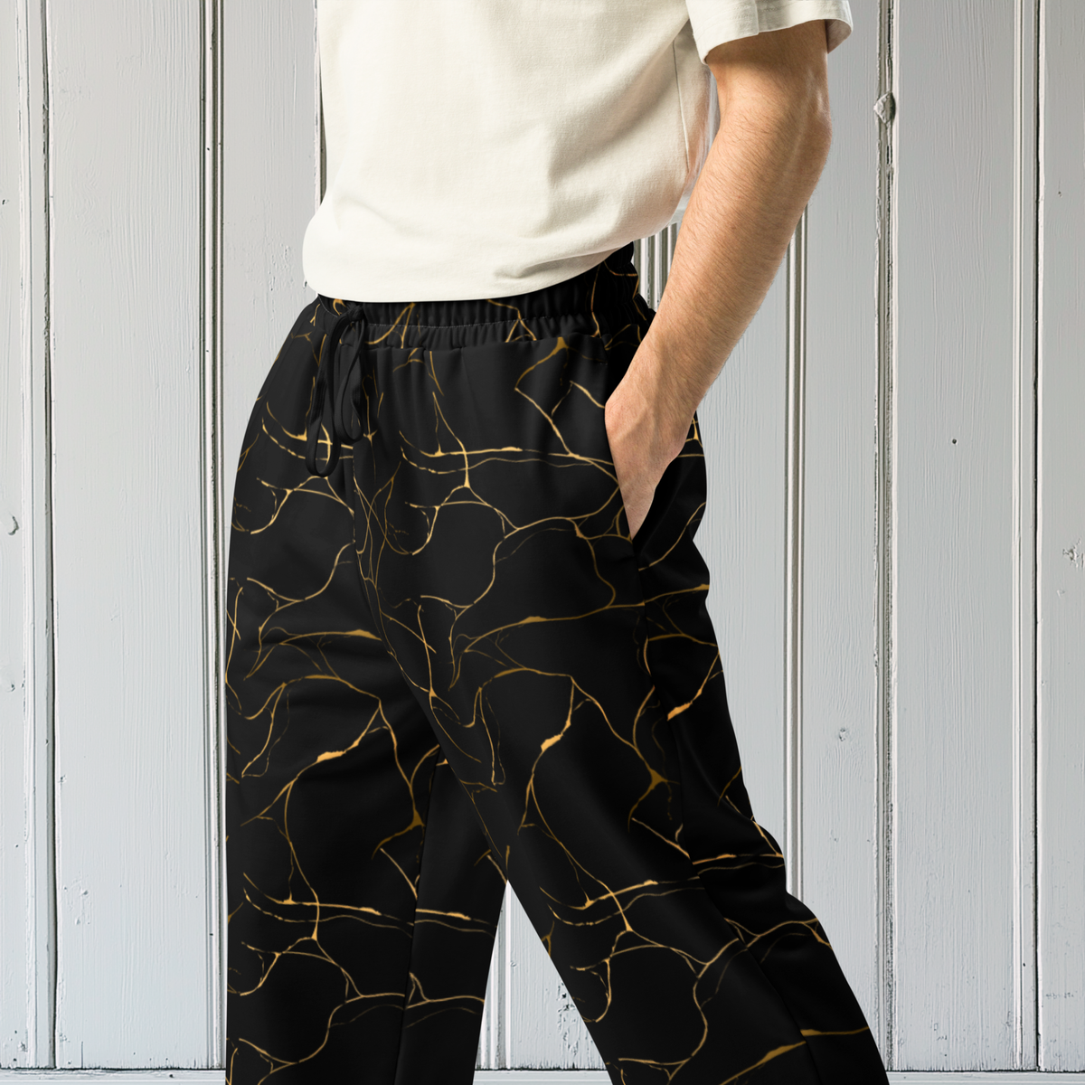 Black with Gold Marble Wide-Leg Joggers