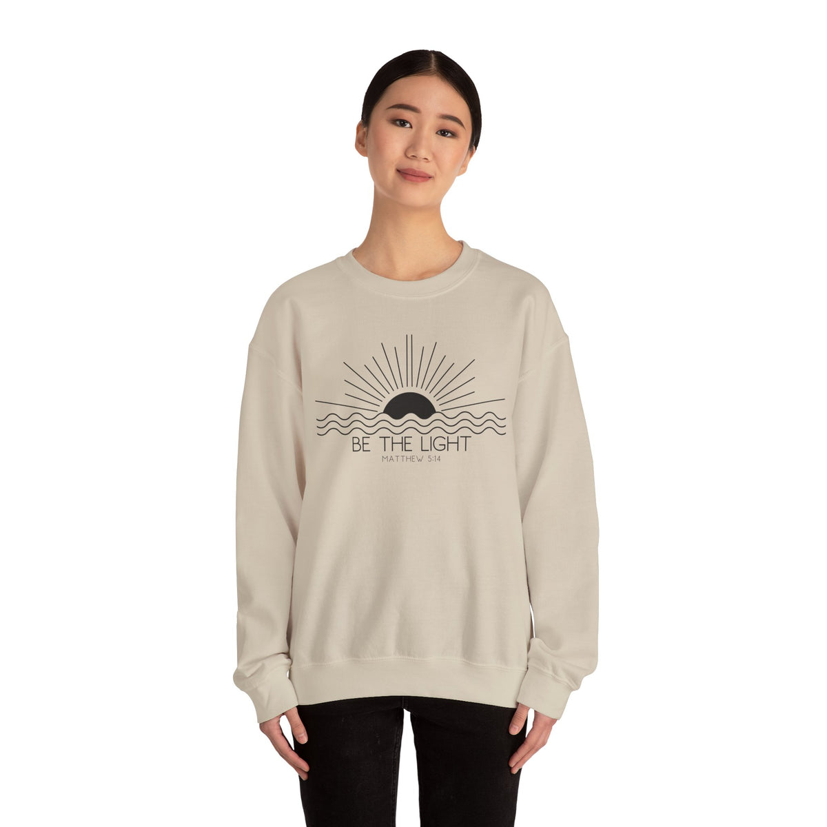 Crewneck Sweatshirt — Minimal "Be The Light" Sunrise Graphic
