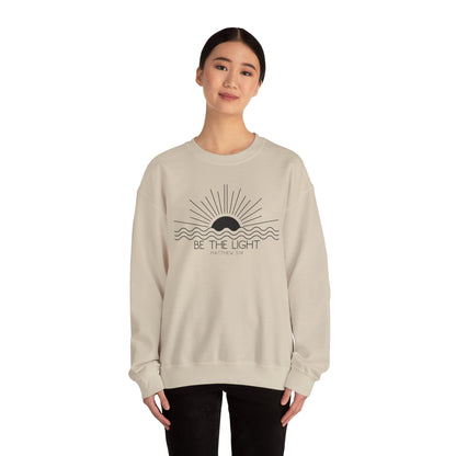 Crewneck Sweatshirt — Minimal "Be The Light" Sunrise Graphic