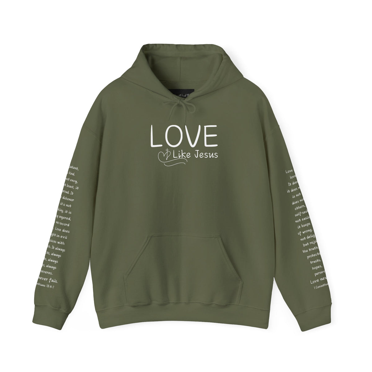 Love Like Jesus Hoodie — Christian Faith Pullover with Scripture Sleeve Text
