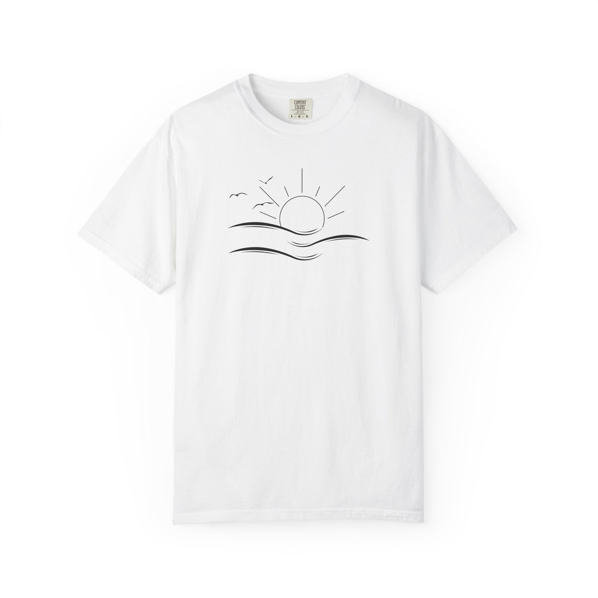 A white short-sleeve crewneck t-shirt featuring a minimalist black line art graphic of a rising sun over wavy water on the chest, displayed against a clean white background.