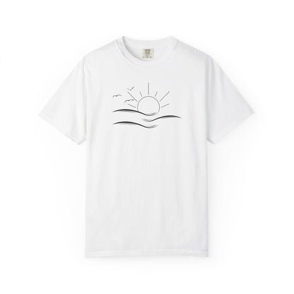 A white short-sleeve crewneck t-shirt featuring a minimalist black line art graphic of a rising sun over wavy water on the chest, displayed against a clean white background.