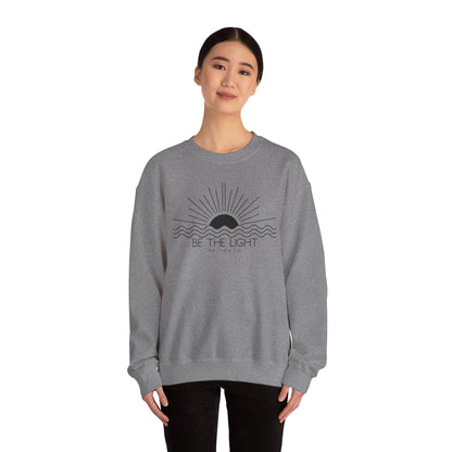 Crewneck Sweatshirt — Minimal "Be The Light" Sunrise Graphic