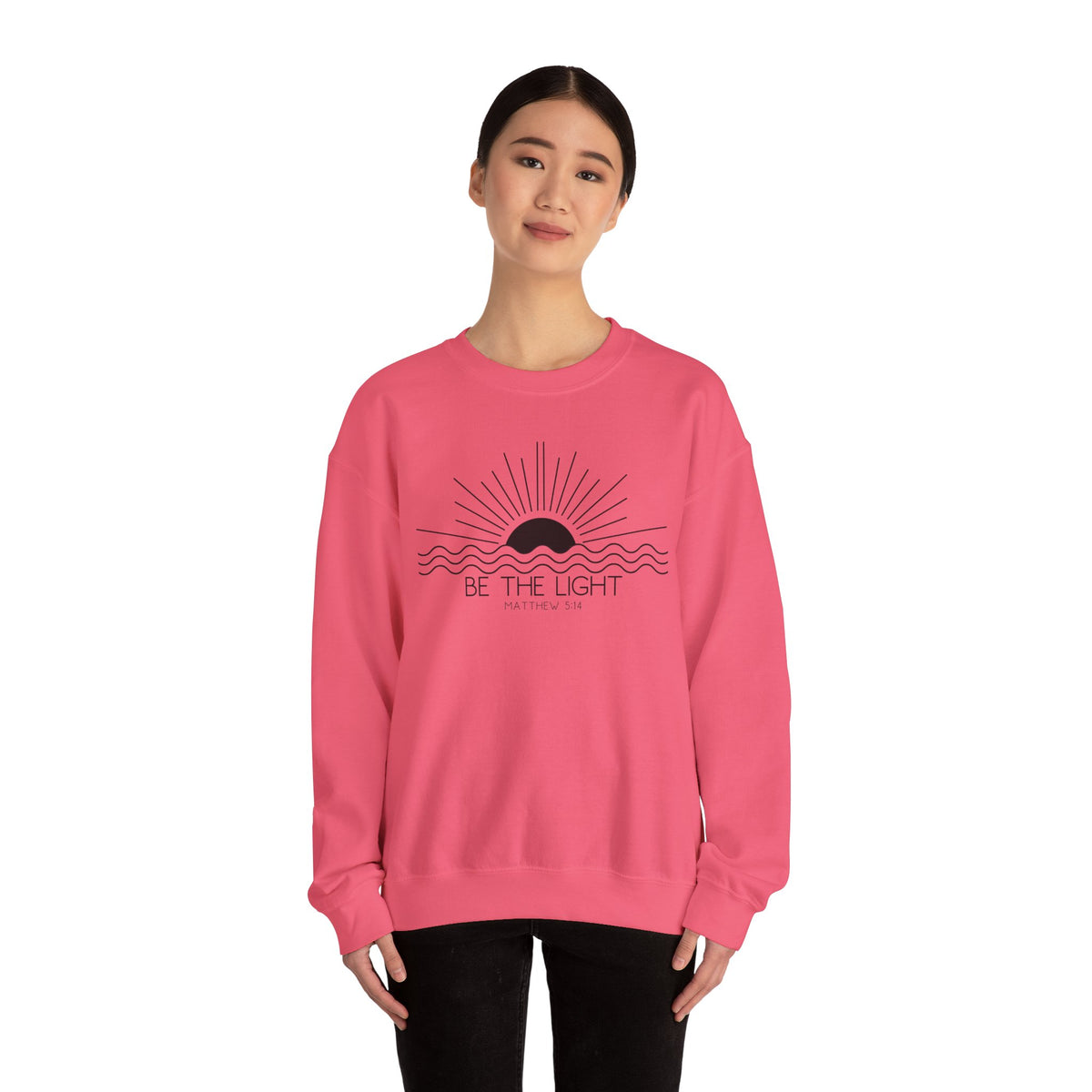 Crewneck Sweatshirt — Minimal "Be The Light" Sunrise Graphic