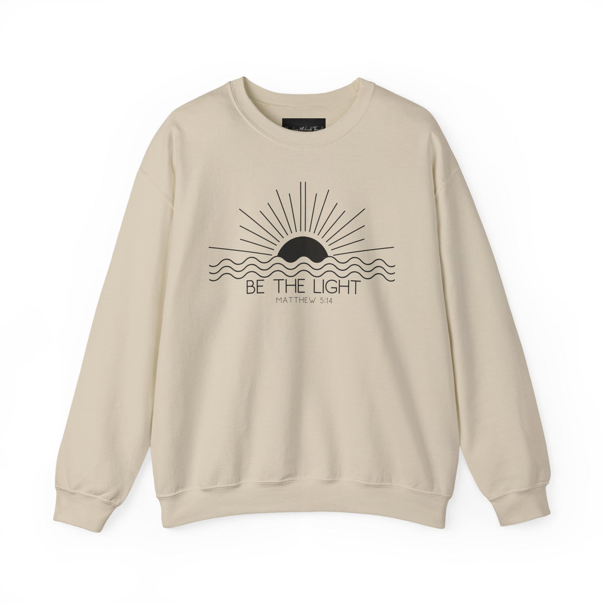 Crewneck Sweatshirt — Minimal "Be The Light" Sunrise Graphic