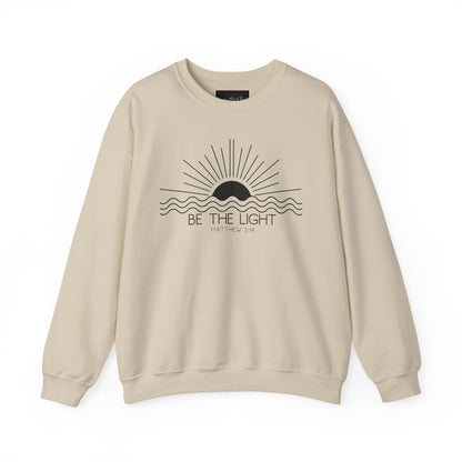Crewneck Sweatshirt — Minimal "Be The Light" Sunrise Graphic