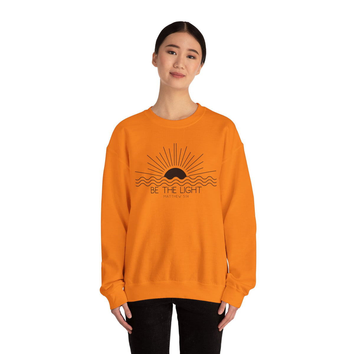 Crewneck Sweatshirt — Minimal "Be The Light" Sunrise Graphic