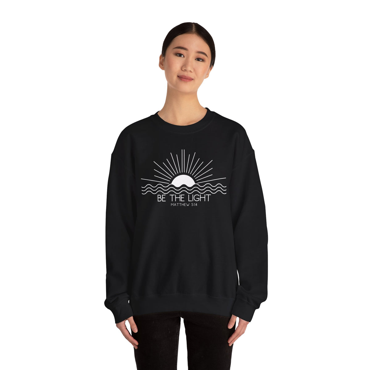 Crewneck Sweatshirt — Minimal "Be The Light" Sunrise Graphic