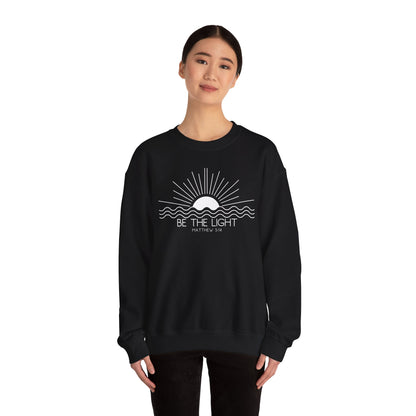 Crewneck Sweatshirt — Minimal "Be The Light" Sunrise Graphic