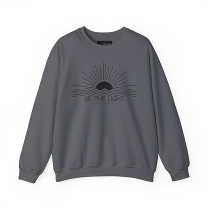 Crewneck Sweatshirt — Minimal "Be The Light" Sunrise Graphic