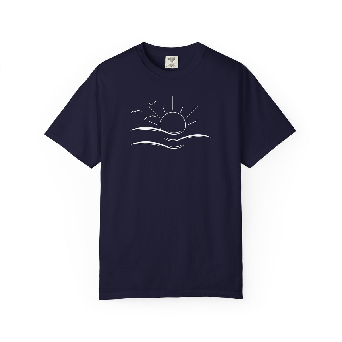 an oversized blue t-shirt the image on the front is a simple line drawing of waves and a sun with birds flying around the sun.