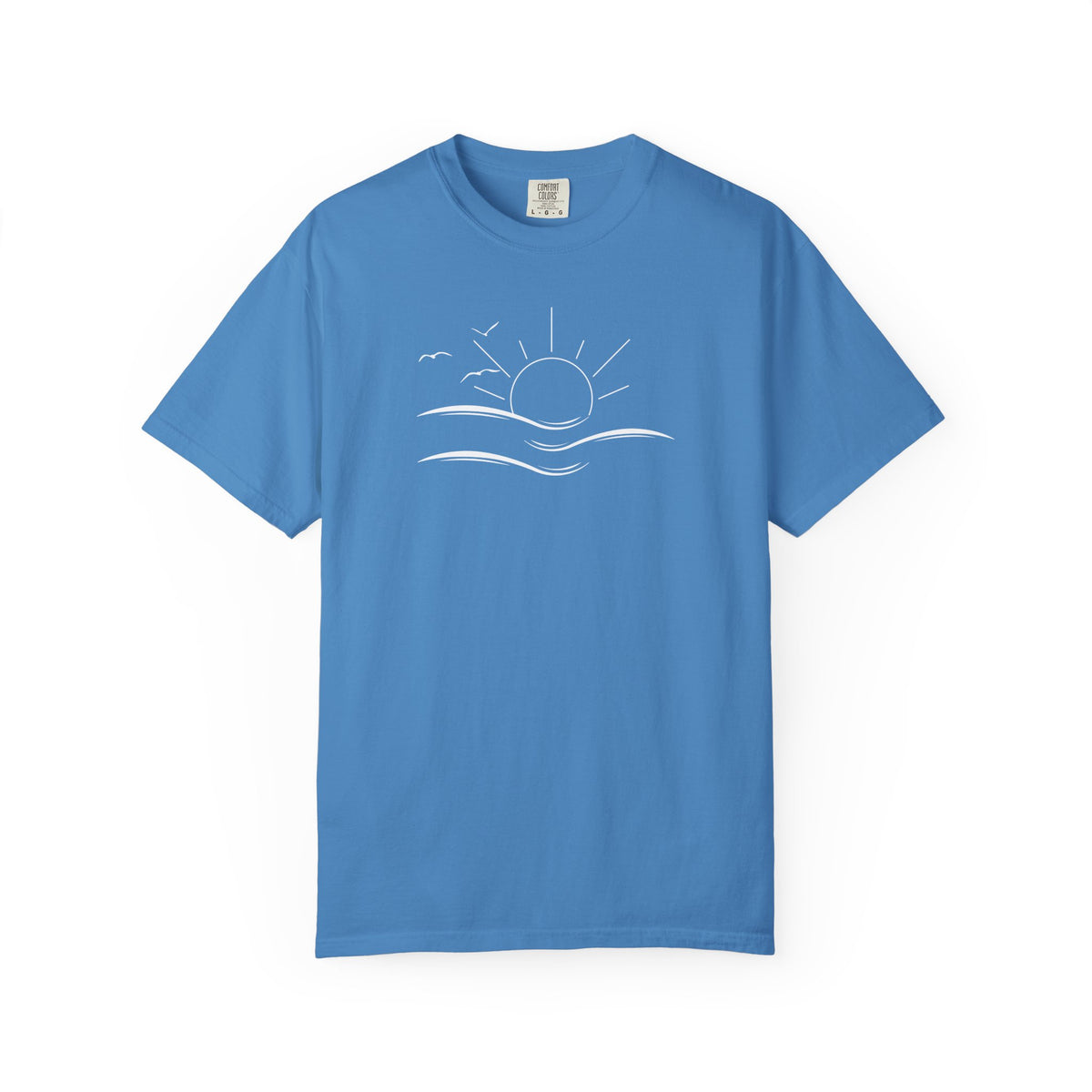 an oversized blue t-shirt the image on the front is a simple line drawing of waves and a sun with birds flying around the sun.