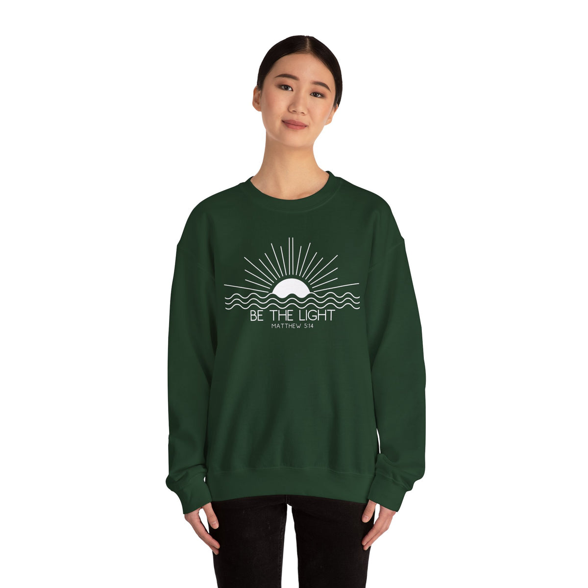 Crewneck Sweatshirt — Minimal "Be The Light" Sunrise Graphic