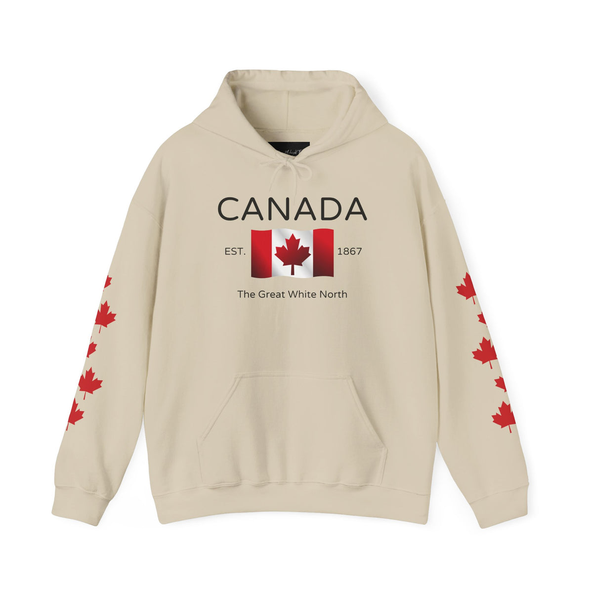 A custom hoodie with Canada in large letters on the front, there is a maple flag that looks like it is blowing in the wind with the words the great white north underneath, there are maple leaves along each sleeve of the hoodie.