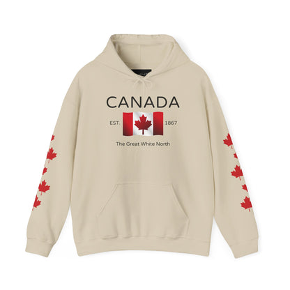 A custom hoodie with Canada in large letters on the front, there is a maple flag that looks like it is blowing in the wind with the words the great white north underneath, there are maple leaves along each sleeve of the hoodie.