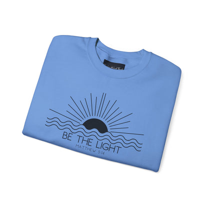 Crewneck Sweatshirt — Minimal "Be The Light" Sunrise Graphic